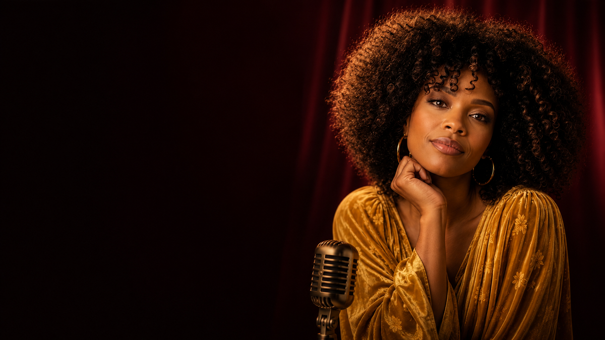 A woman with a large curly afro hairstyle wearing a gold velvet top, posing next to a vintage microphone in front of a dark red curtain background.