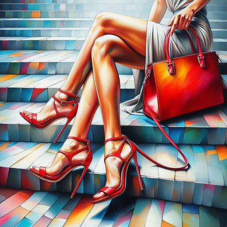 an elegant woman sitting on colourful steps wearing a short dress with 3 legs each with a stiletto sandal. She is holding a red bag.