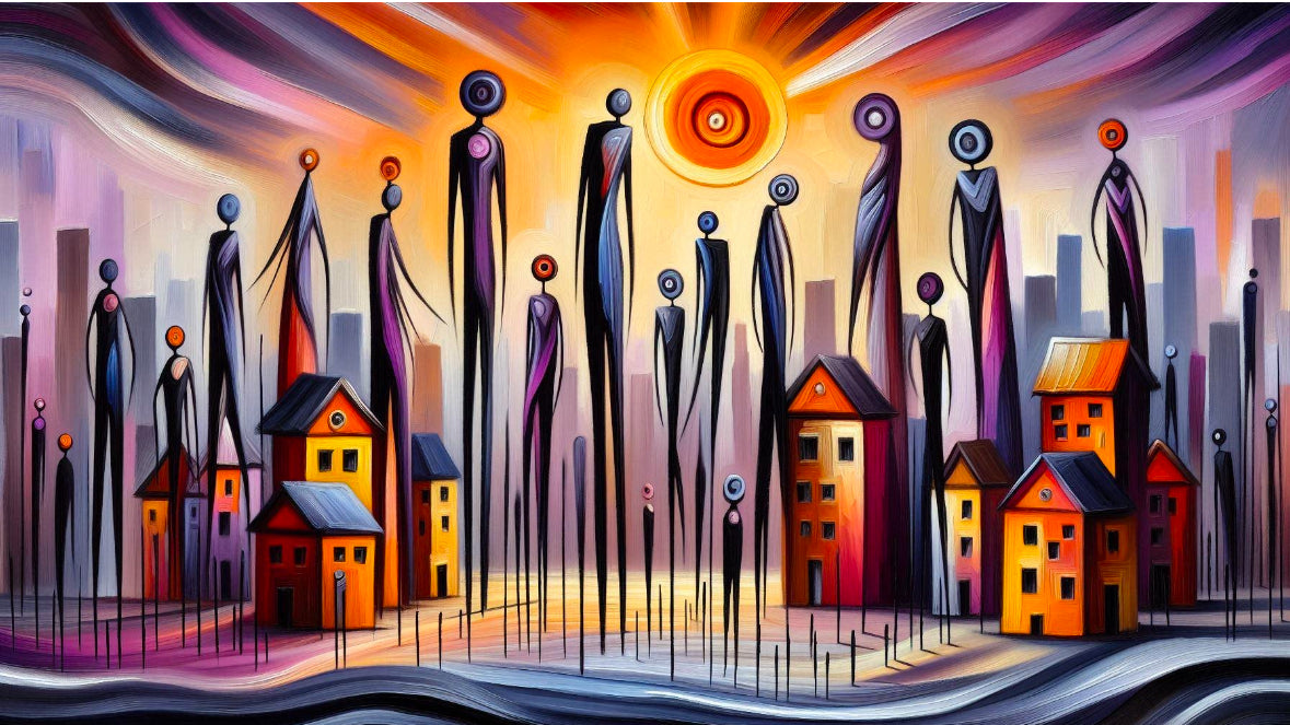 Glowing abstract human figures in vibrant cityscape, Luminous Guardians series