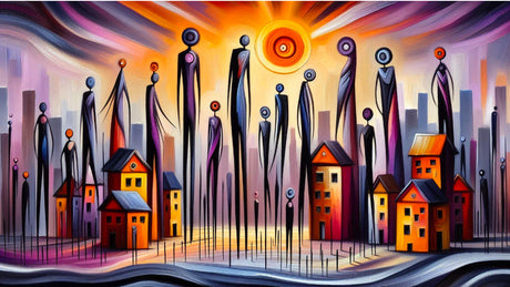 Glowing abstract human figures in vibrant cityscape, Luminous Guardians series