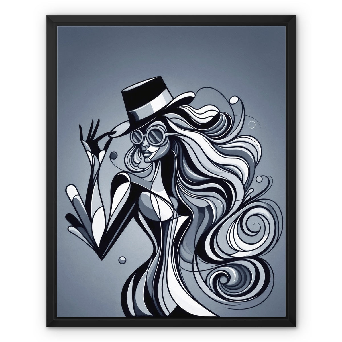 Viva La Diva: Where Shadows Dance in Shades of Silver Framed Canvas