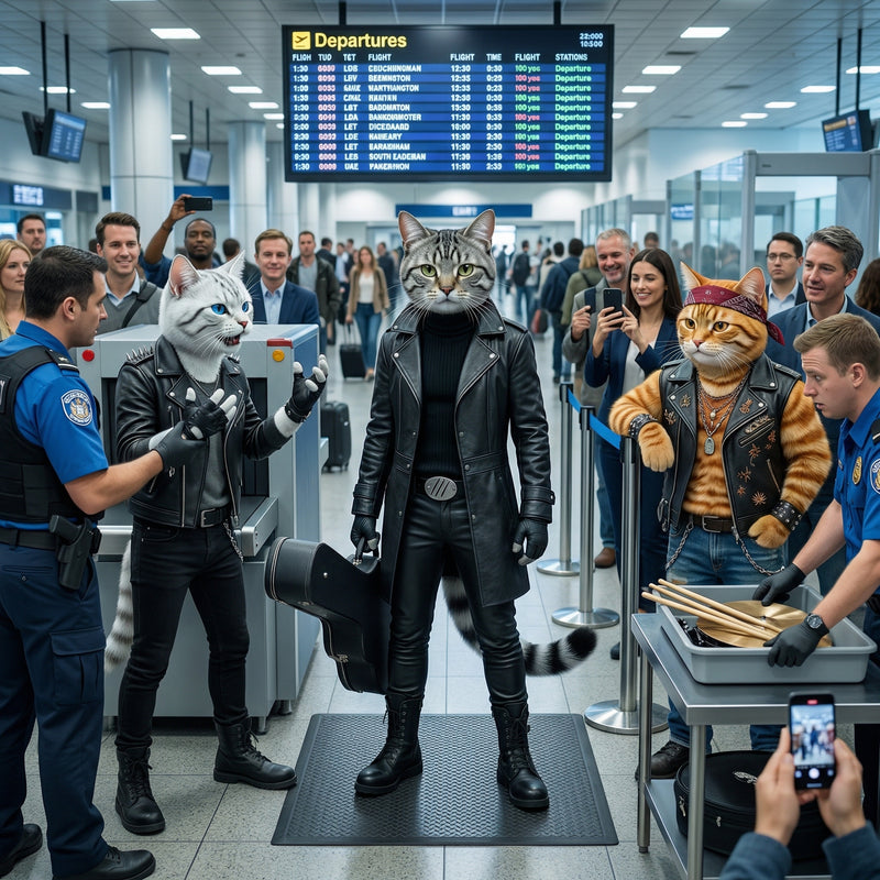 AiLF Rock Cats at an airport, interacting with security personnel.