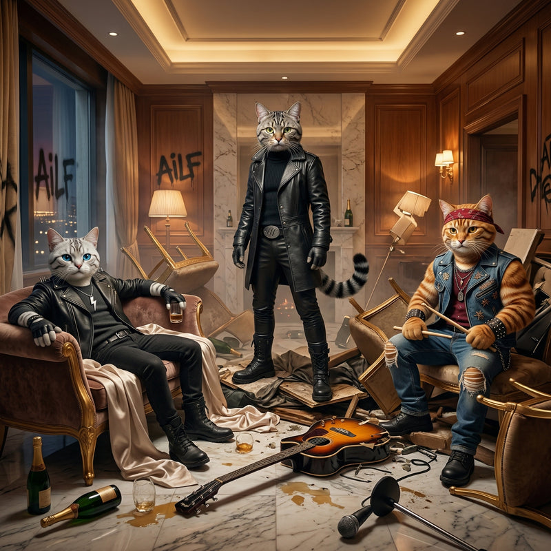 Three anthropomorphic cats in a stylish room with musical instruments and drinks. Wreckage