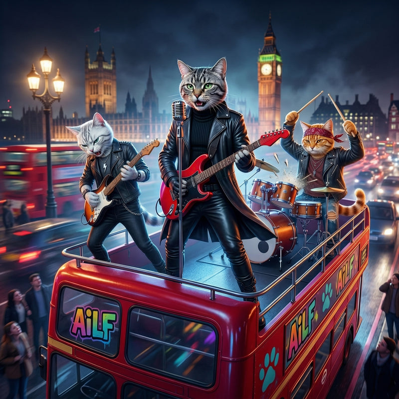 Three cats playing music on top of a double-decker bus with London skyline in the background