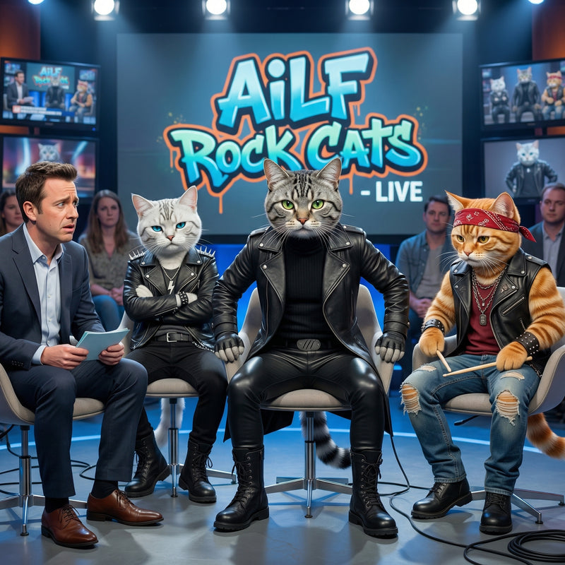 Cat characters in a studio setting with 'Ailf Rock Cats' branding.