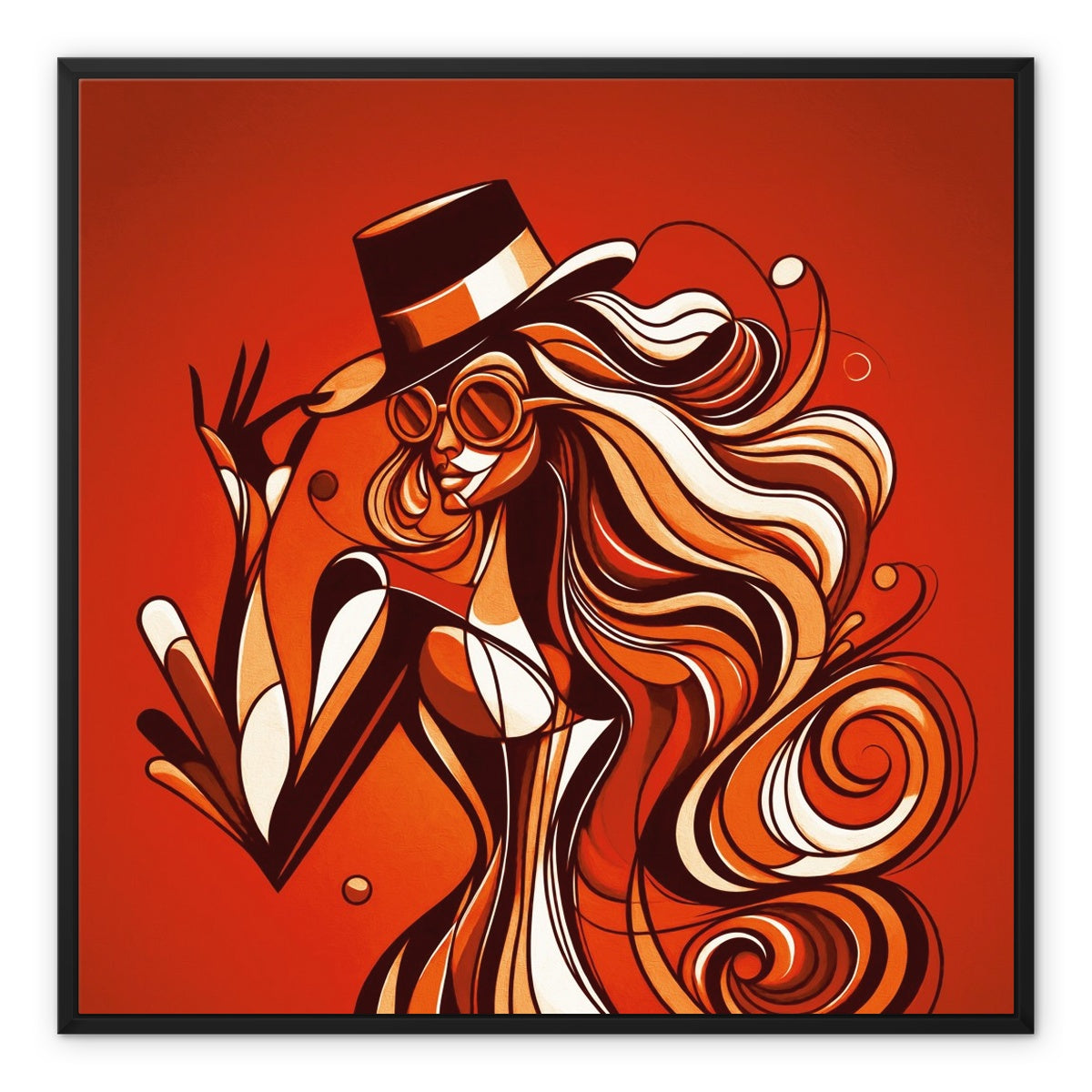 Viva La Diva: Where Confidence Dances in Shades of Oranges and Reds Framed Canvas