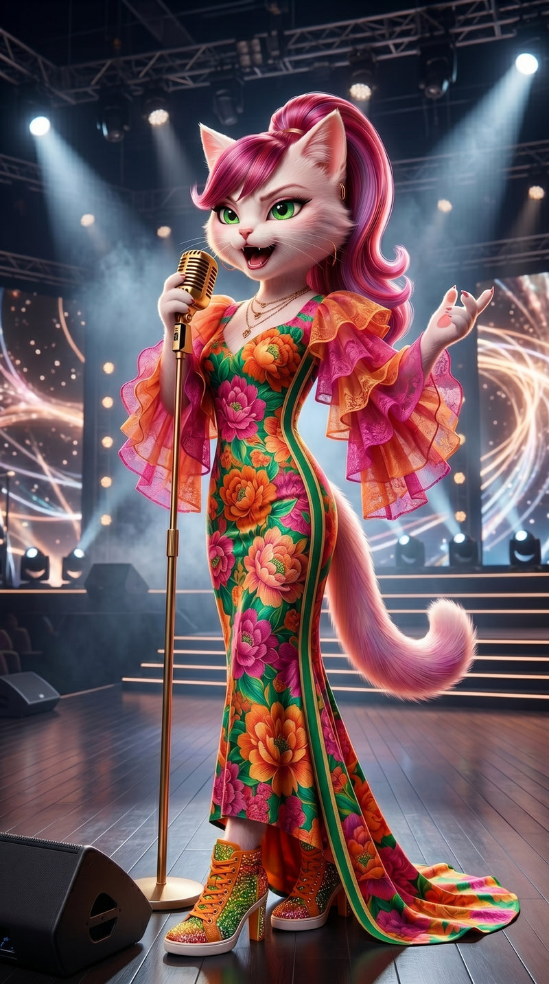 Animated cat character in a colorful dress on a stage with lights